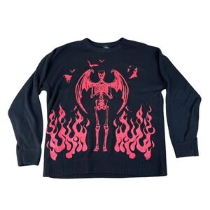 Social Collision Large Sweater Goth Skeleton Flame Graphic Black Red Knit